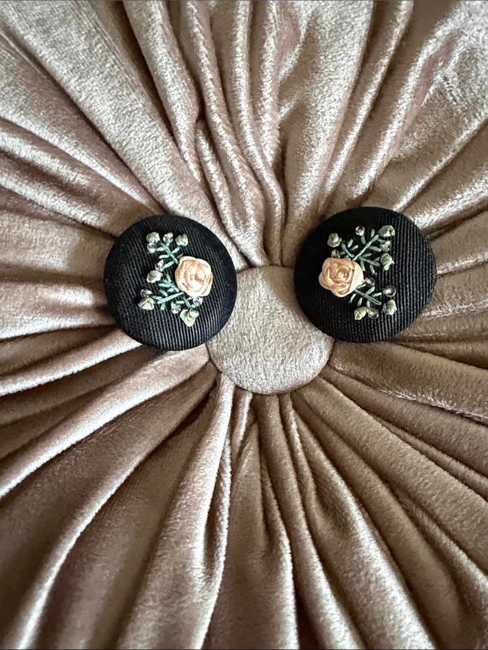 Vintage Black Hair Button Clips with Peach Rose Embroidery